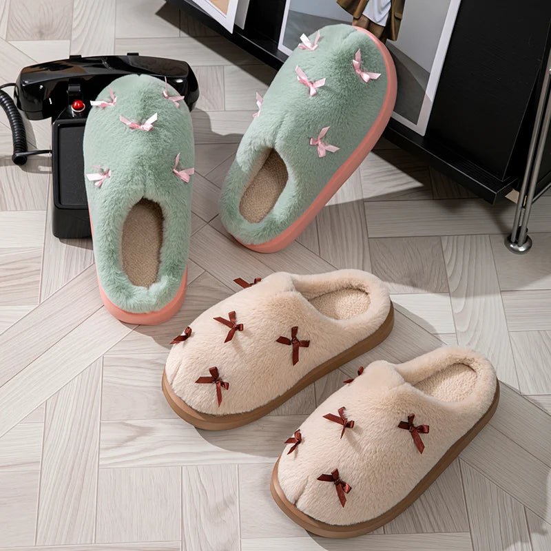 Cozy Bow Slippers for Women - Plush Soft Sole Indoor Slides with Non-Slip Design 3