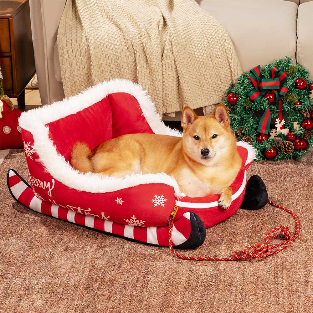 Cozy Christmas Sleigh Dog Bed - Plush Crystal Velvet with Anti-Slip Base 0