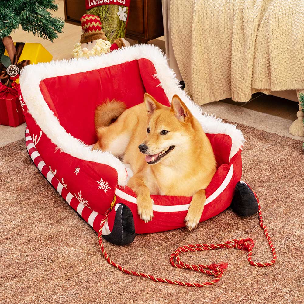 Cozy Christmas Sleigh Dog Bed - Plush Crystal Velvet with Anti-Slip Base 1