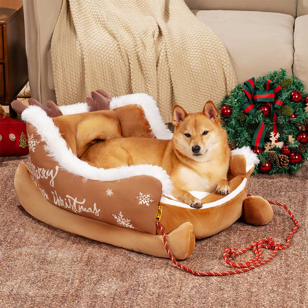 Cozy Christmas Sleigh Dog Bed - Plush Crystal Velvet with Anti-Slip Base 2
