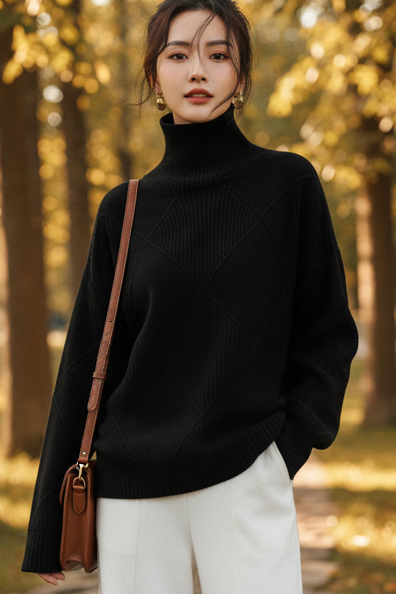 Cozy Oversized Patterned Turtleneck Knit Sweater for Women - Winter Fashion 0
