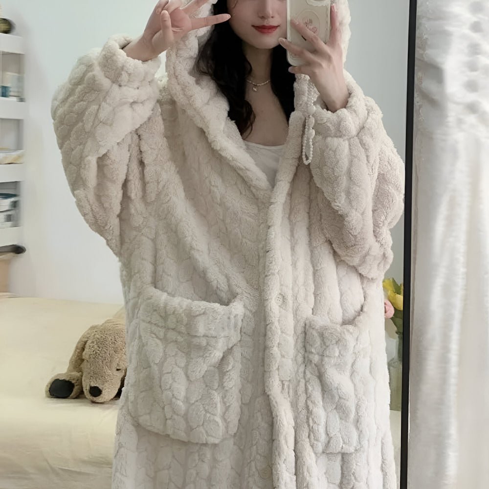 Cozy Warm Hooded Bathrobe for Women - Long Sleeve Dressing Gown with Pockets 2