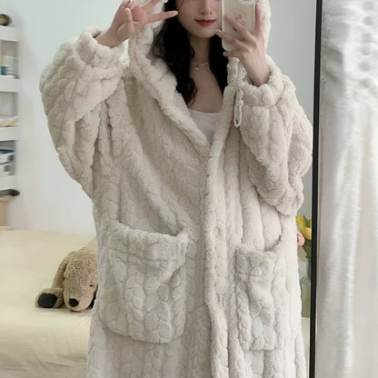 Cozy Warm Hooded Bathrobe for Women - Long Sleeve Dressing Gown with Pockets 2