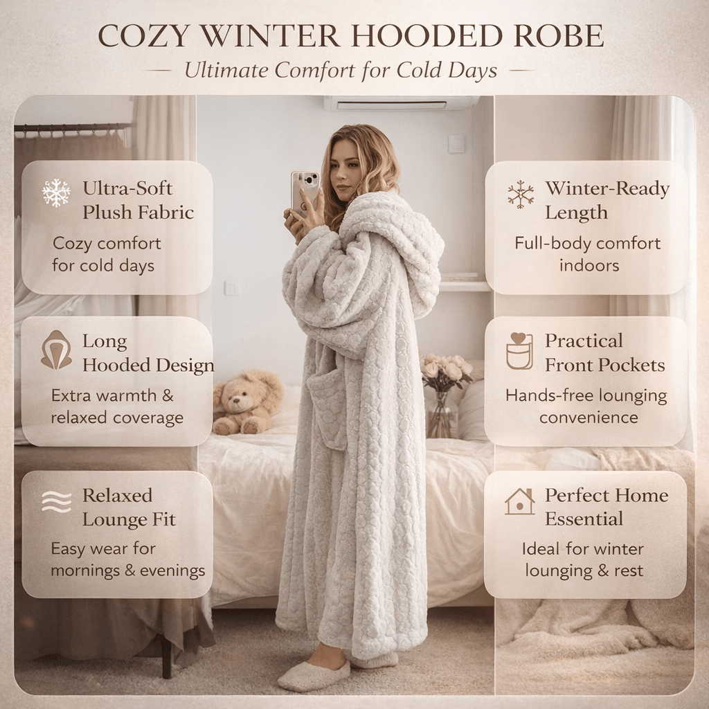 Cozy Warm Hooded Bathrobe for Women - Long Sleeve Dressing Gown with Pockets 3