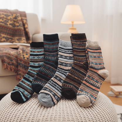 Cozy Winter Socks - Unisex Wool & Cotton Blend with Scandinavian Patterns - 5 Pairs 0