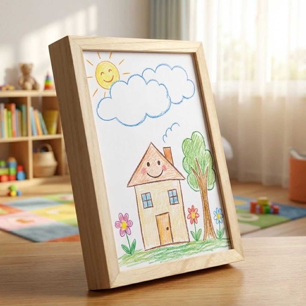 Creative Haven - Wooden Kids Drawing Display Frame with Integrated Storage 1
