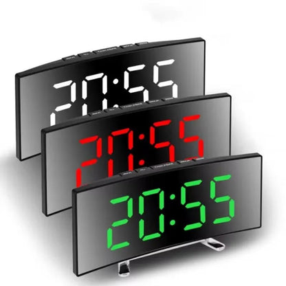 Curved LED Mirror Alarm Clock - Silent Desktop Timepiece with USB Power Supply 0
