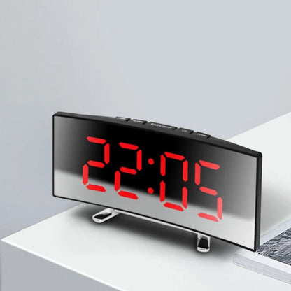 Curved LED Mirror Alarm Clock - Silent Desktop Timepiece with USB Power Supply 1