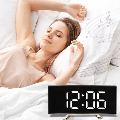Curved LED Mirror Alarm Clock - Silent Desktop Timepiece with USB Power Supply 3