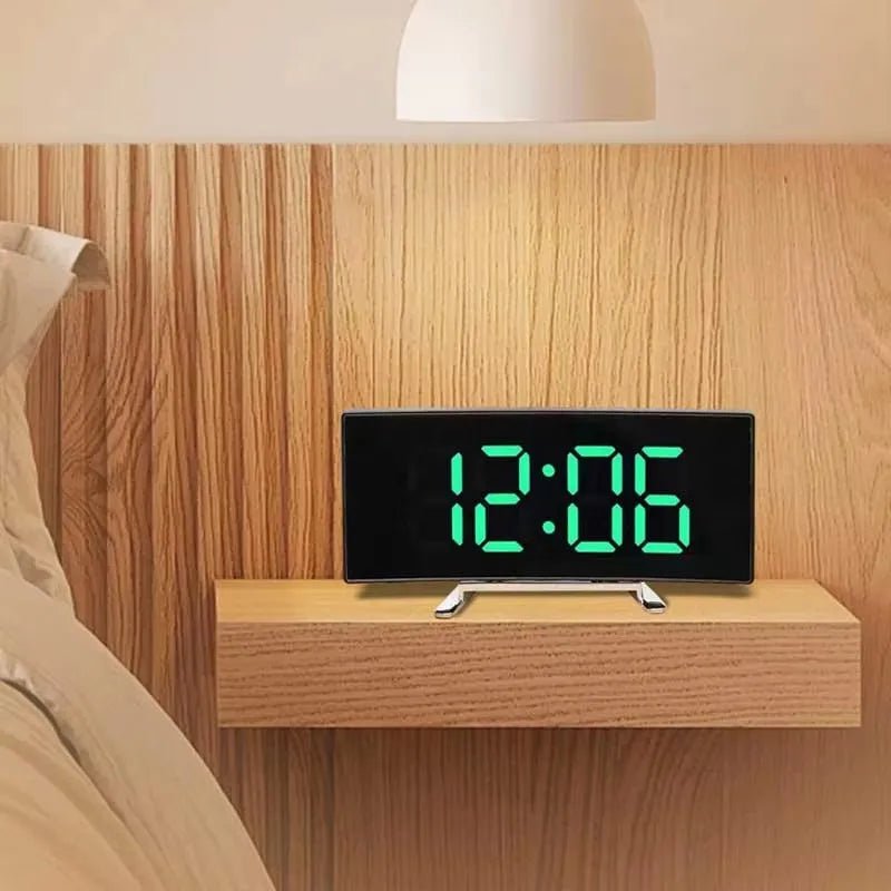 Curved LED Mirror Alarm Clock - Silent Desktop Timepiece with USB Power Supply 4