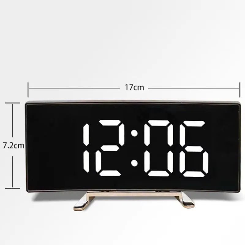 Curved LED Mirror Alarm Clock - Silent Desktop Timepiece with USB Power Supply 5