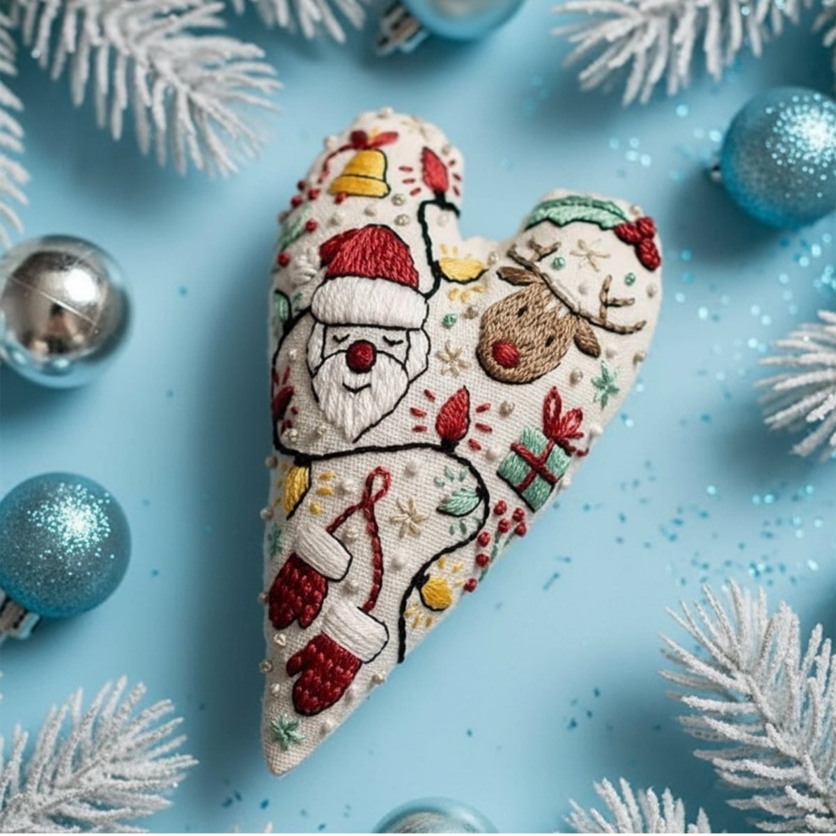 DIY Heart-Shaped Christmas Ornament Kit with Embroidery Fabric and Threads 4