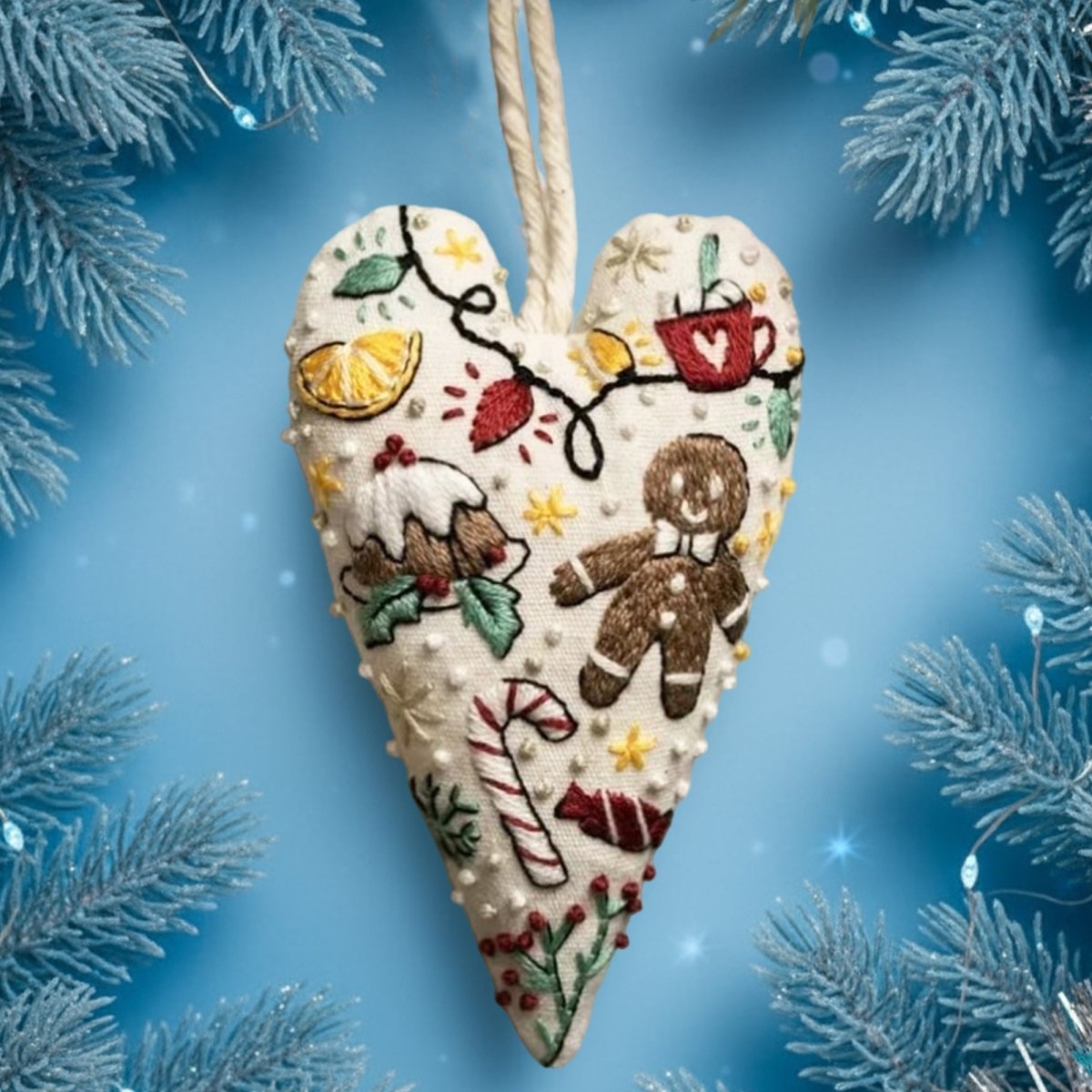 DIY Heart-Shaped Christmas Ornament Kit with Embroidery Fabric and Threads 6