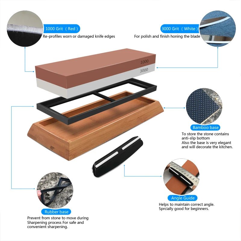 Double-Sided Whetstone Knife Sharpener with Bamboo Base for Razor-Sharp Blades 1