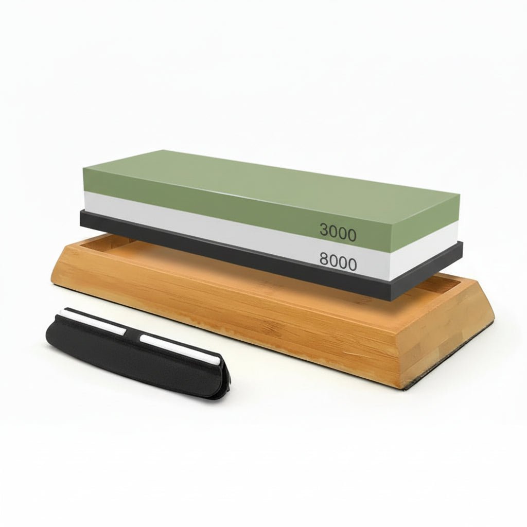 Double-Sided Whetstone Knife Sharpener with Bamboo Base for Razor-Sharp Blades 30