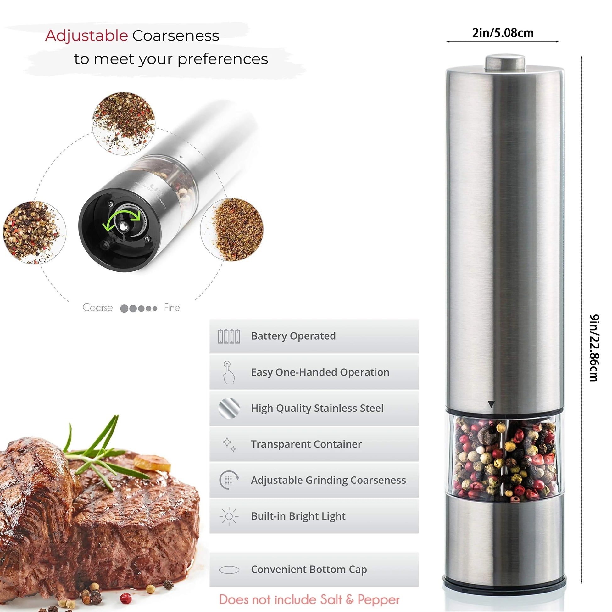Electric Salt and Pepper Grinder Set - One-Handed Operation with Adjustable Coarseness and Built-in Light 5