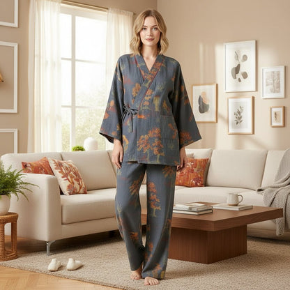 Elegant Cotton Pajama Set - Kimono Style Loungewear with Watercolor Print 9
