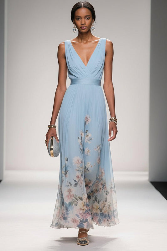 ELORIA – Elegant Floral Chiffon Maxi Dress for Women, Soft Flowing Fit