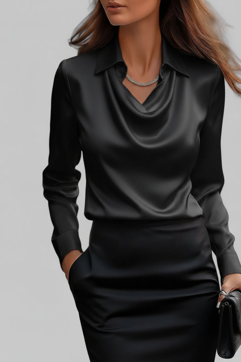 Elegant Long Sleeve Satin Blouse with Draped Neck for Women 8