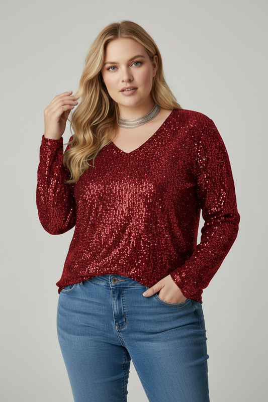 ELEGLOW – Elegant Plus Size Glitter Top with Flattering V-Neck