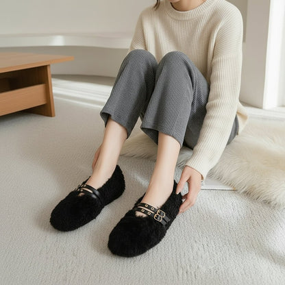 Elegant Women's Wool Fur Loafers with Double Rivets - Cozy Slip-On Design 1