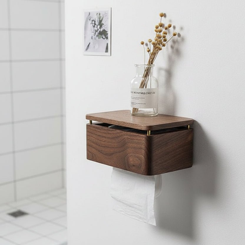 Elegant Wood Toilet Paper Holder with Brass Accents - Stylish Bathroom Accessory 0