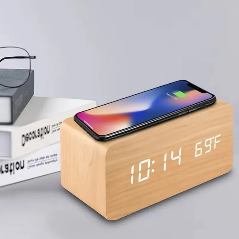 Elegant Wooden LED Digital Alarm Clock with Wireless Charging & Temperature Display 0