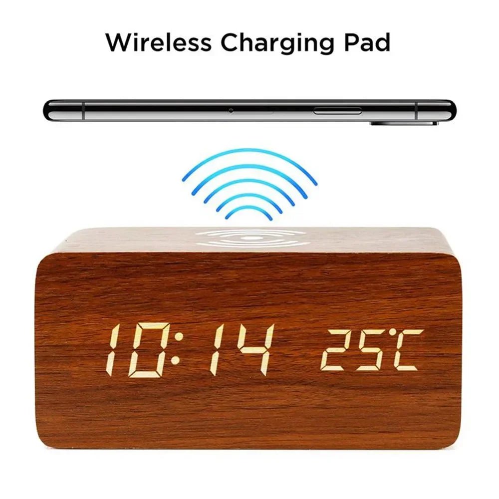 Elegant Wooden LED Digital Alarm Clock with Wireless Charging & Temperature Display 1