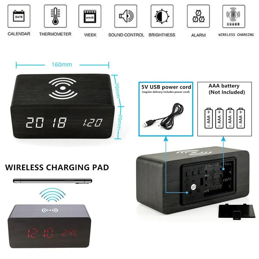 Elegant Wooden LED Digital Alarm Clock with Wireless Charging & Temperature Display 2