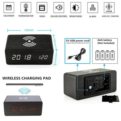Elegant Wooden LED Digital Alarm Clock with Wireless Charging & Temperature Display 2