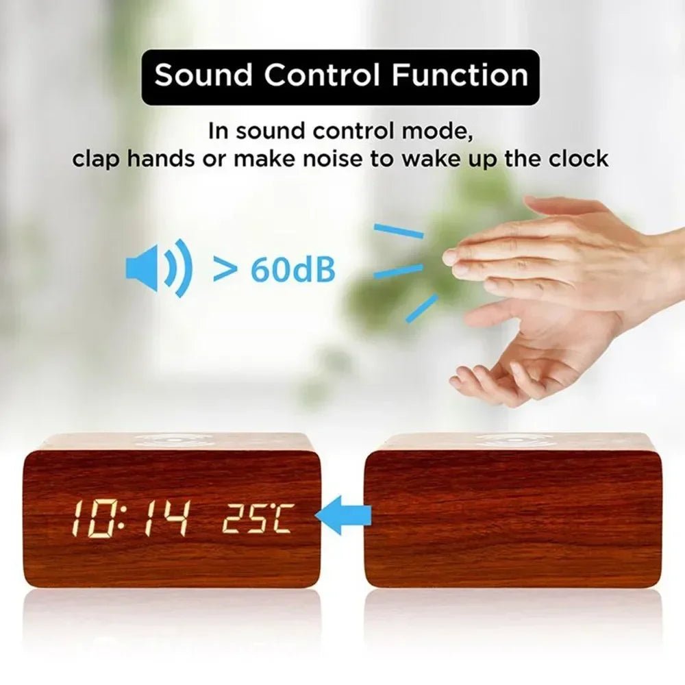 Elegant Wooden LED Digital Alarm Clock with Wireless Charging & Temperature Display 3