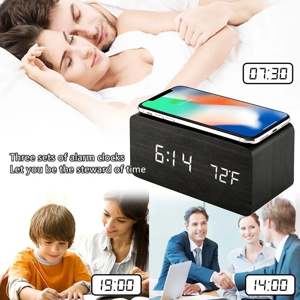 Elegant Wooden LED Digital Alarm Clock with Wireless Charging & Temperature Display 4