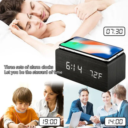 Elegant Wooden LED Digital Alarm Clock with Wireless Charging & Temperature Display 4
