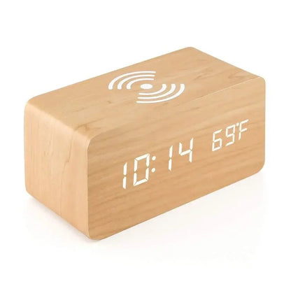 Elegant Wooden LED Digital Alarm Clock with Wireless Charging & Temperature Display 8