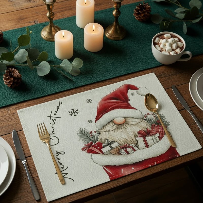 Festive Cotton Linen Table Mat - Christmas Dwarf Design, Heat-Resistant & Waterproof 0