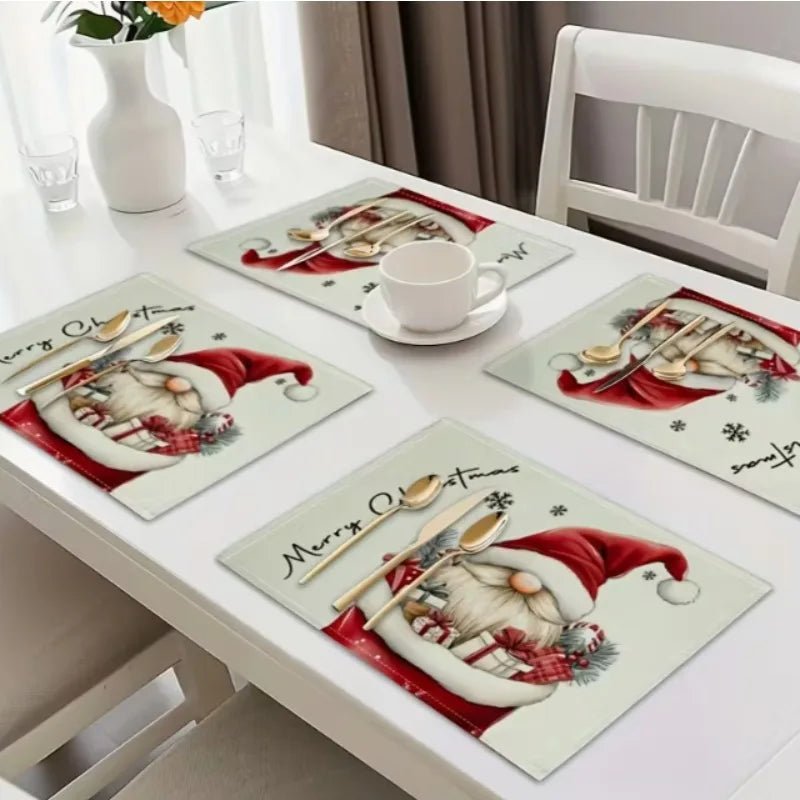 Festive Cotton Linen Table Mat - Christmas Dwarf Design, Heat-Resistant & Waterproof 1