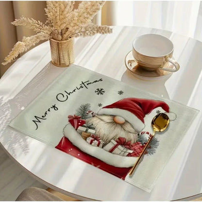 Festive Cotton Linen Table Mat - Christmas Dwarf Design, Heat-Resistant & Waterproof 2