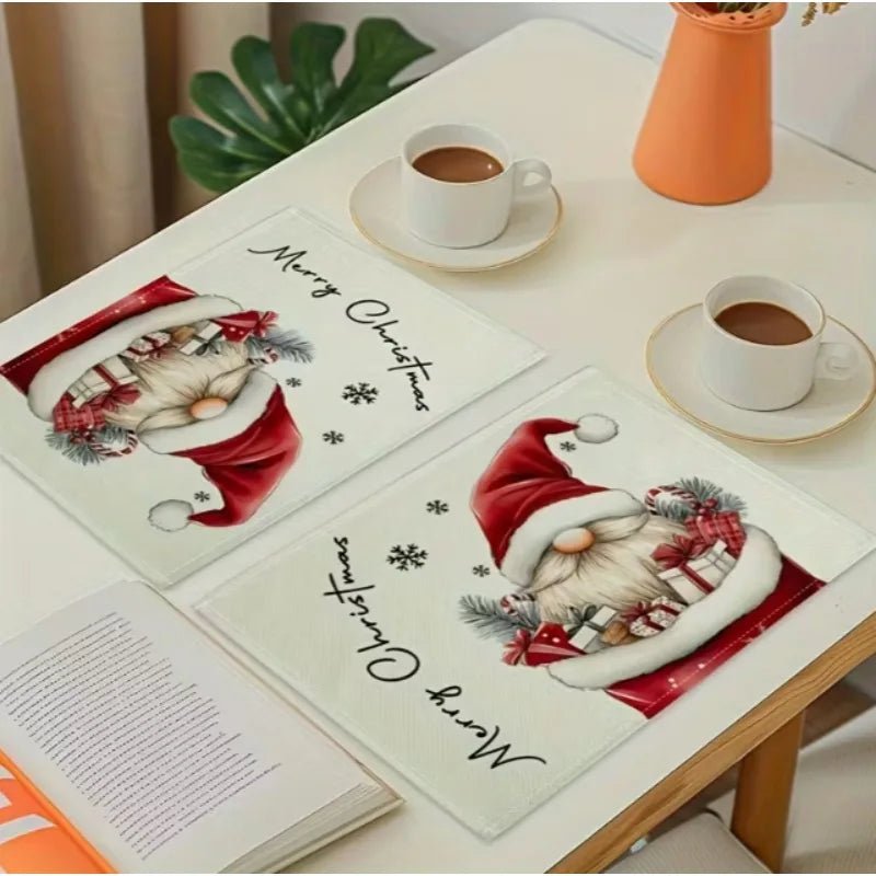 Festive Cotton Linen Table Mat - Christmas Dwarf Design, Heat-Resistant & Waterproof 3