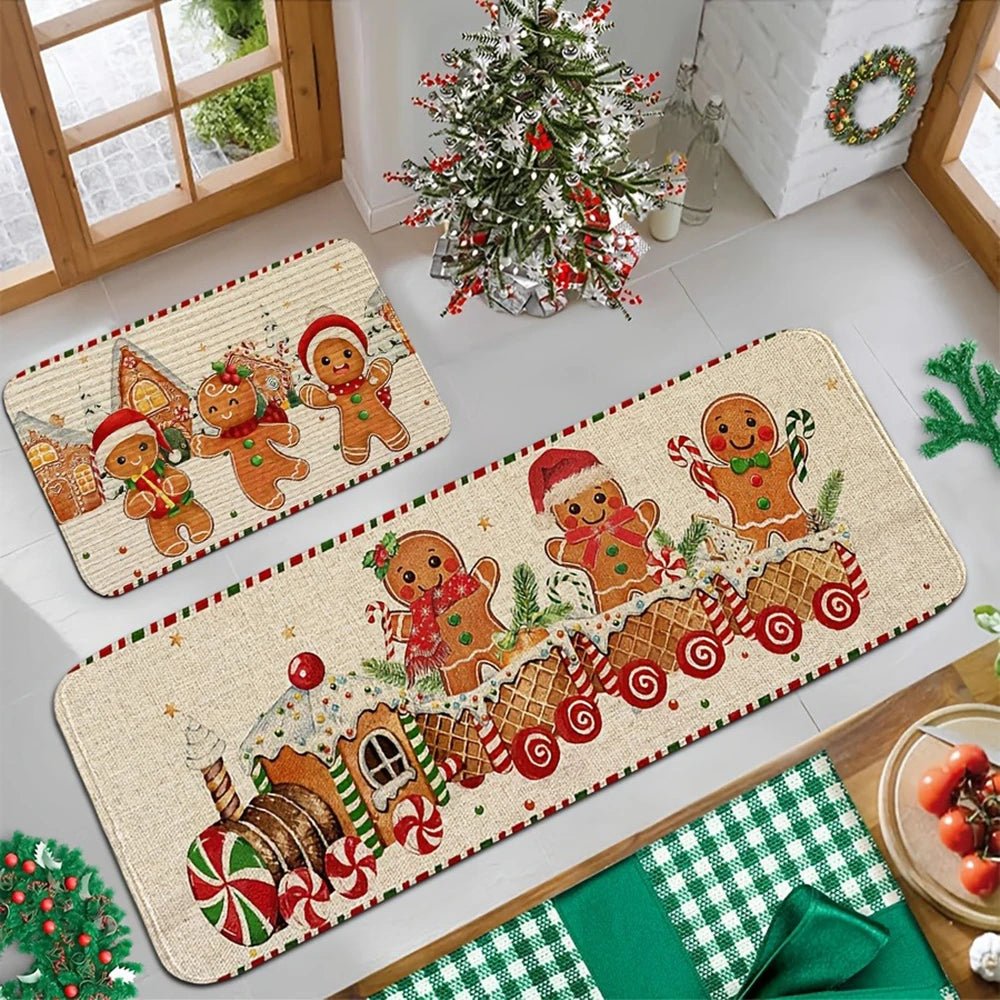 Festive Gingerbread Train Kitchen Mats - Soft Felt Holiday Decor for Comfort 0
