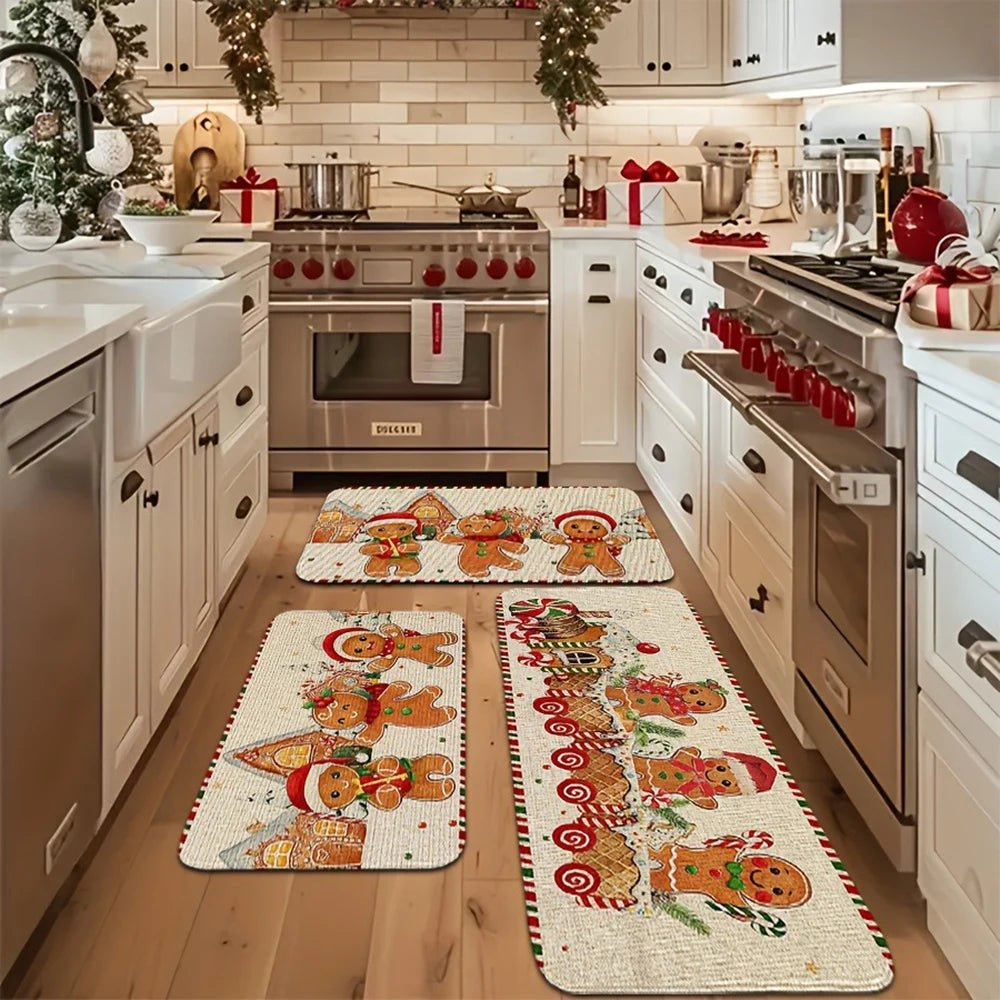 Festive Gingerbread Train Kitchen Mats - Soft Felt Holiday Decor for Comfort 2