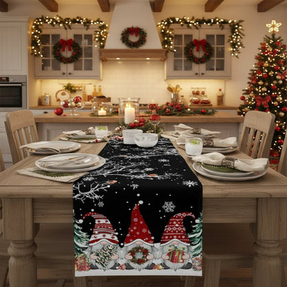 Festive Gnome - Snowflake Design Linen Christmas Table Runner, Durable & Elegant 0