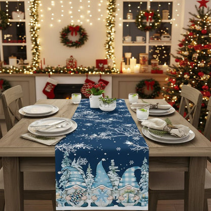 Festive Gnome - Snowflake Design Linen Christmas Table Runner, Durable & Elegant 5
