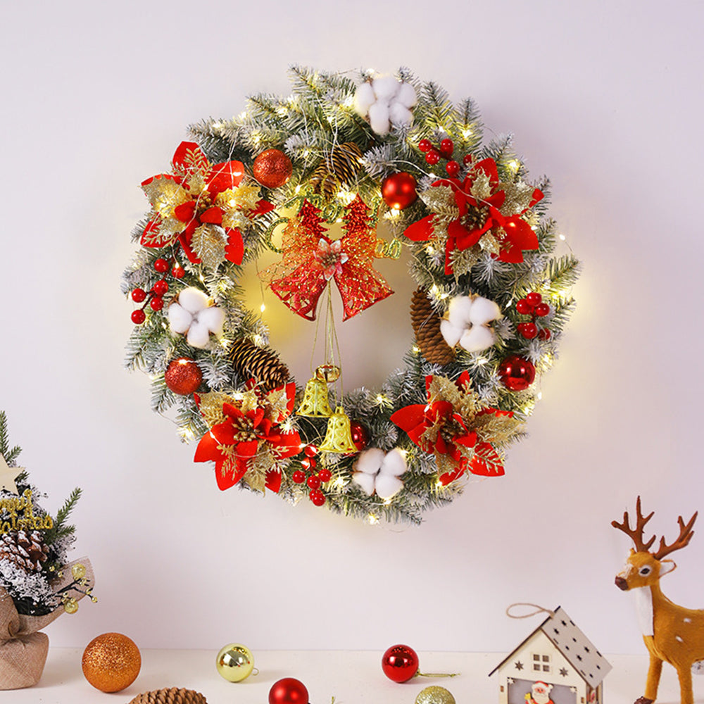 Festive LED Christmas Wreath with Bells, Red Bows & Ornaments - Warm Glow Decor 0