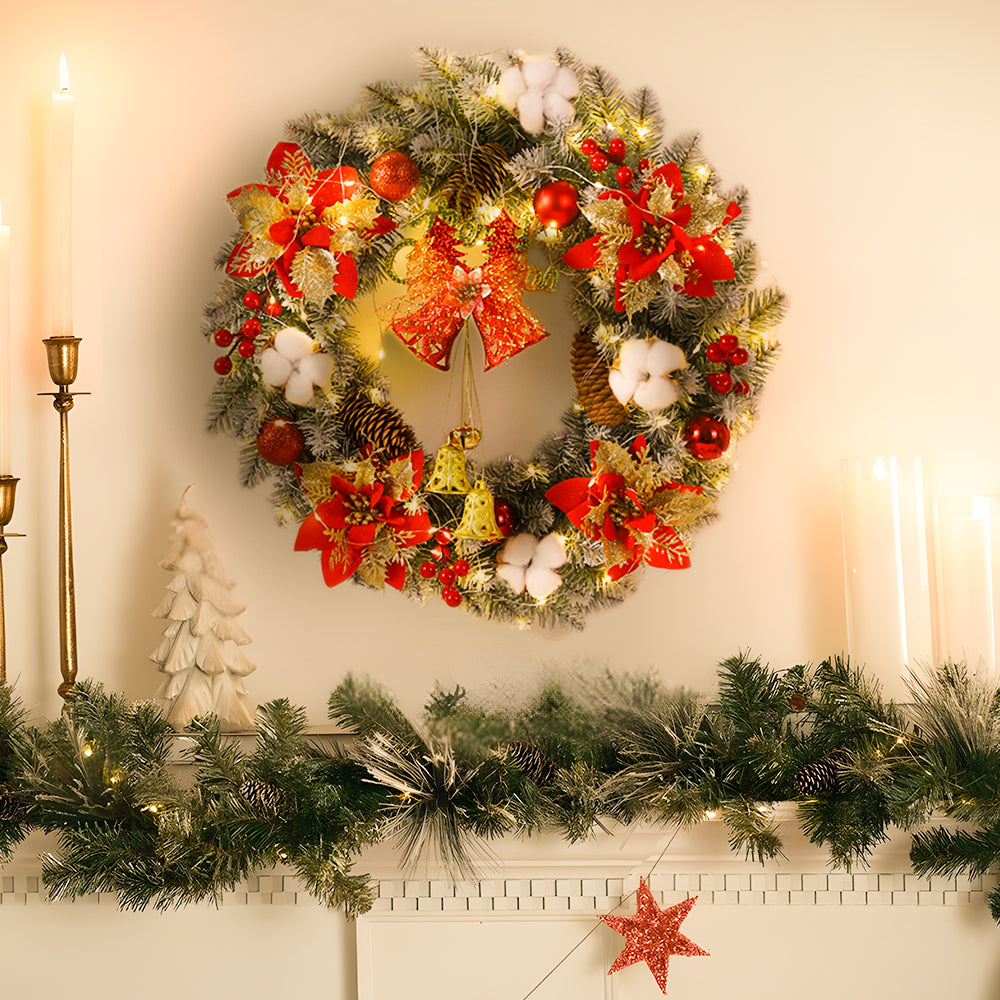 Festive LED Christmas Wreath with Bells, Red Bows & Ornaments - Warm Glow Decor 1