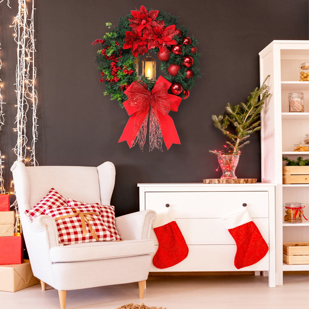 Festive LED Lantern Christmas Wreath with Red Bow & Ornaments - Warm Glow Decor 2