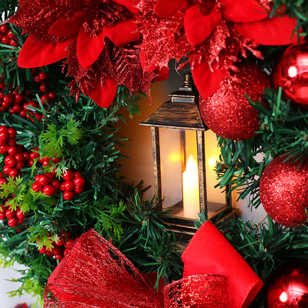 Festive LED Lantern Christmas Wreath with Red Bow & Ornaments - Warm Glow Decor 3
