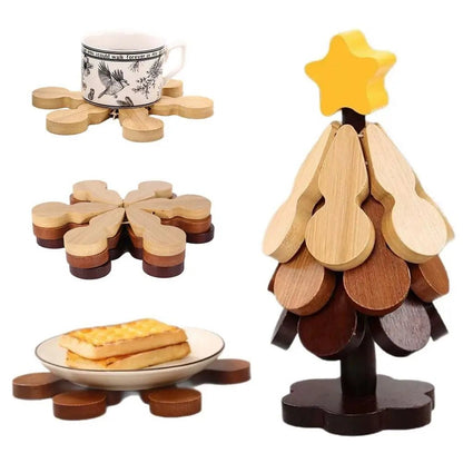 Festive Wooden Christmas Tree Trivet Set - Heat Resistant & Foldable Coasters 3
