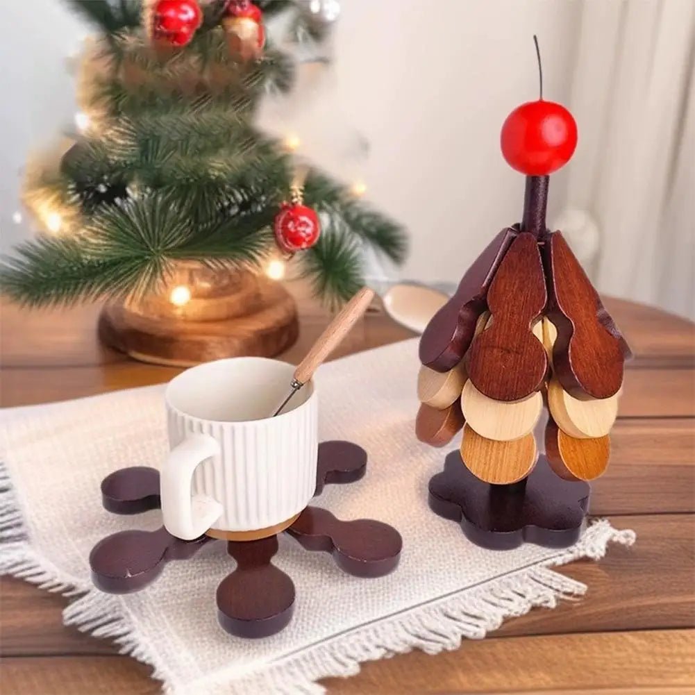 Festive Wooden Christmas Tree Trivet Set - Heat Resistant & Foldable Coasters 5