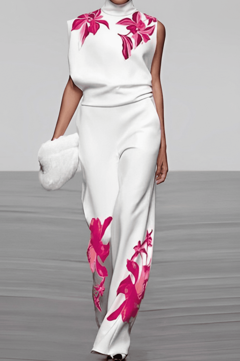 Floral Elegance - Sleeveless Turtleneck Top & Wide Leg Pants Set 1