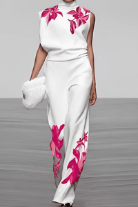 Floral Elegance - Sleeveless Turtleneck Top & Wide Leg Pants Set 1